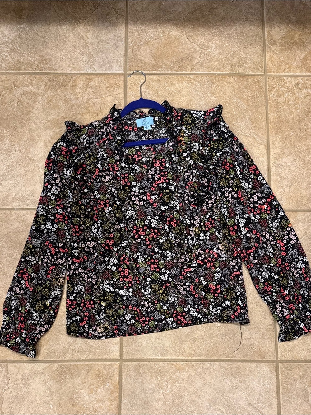 CeCe Black Floral Ruffle Neck Blouse